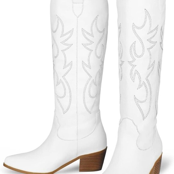 Women Western Cowboy Boots Leather Tall Embroidered Pointed Toe Chunky Heel - Picture 5 of 6